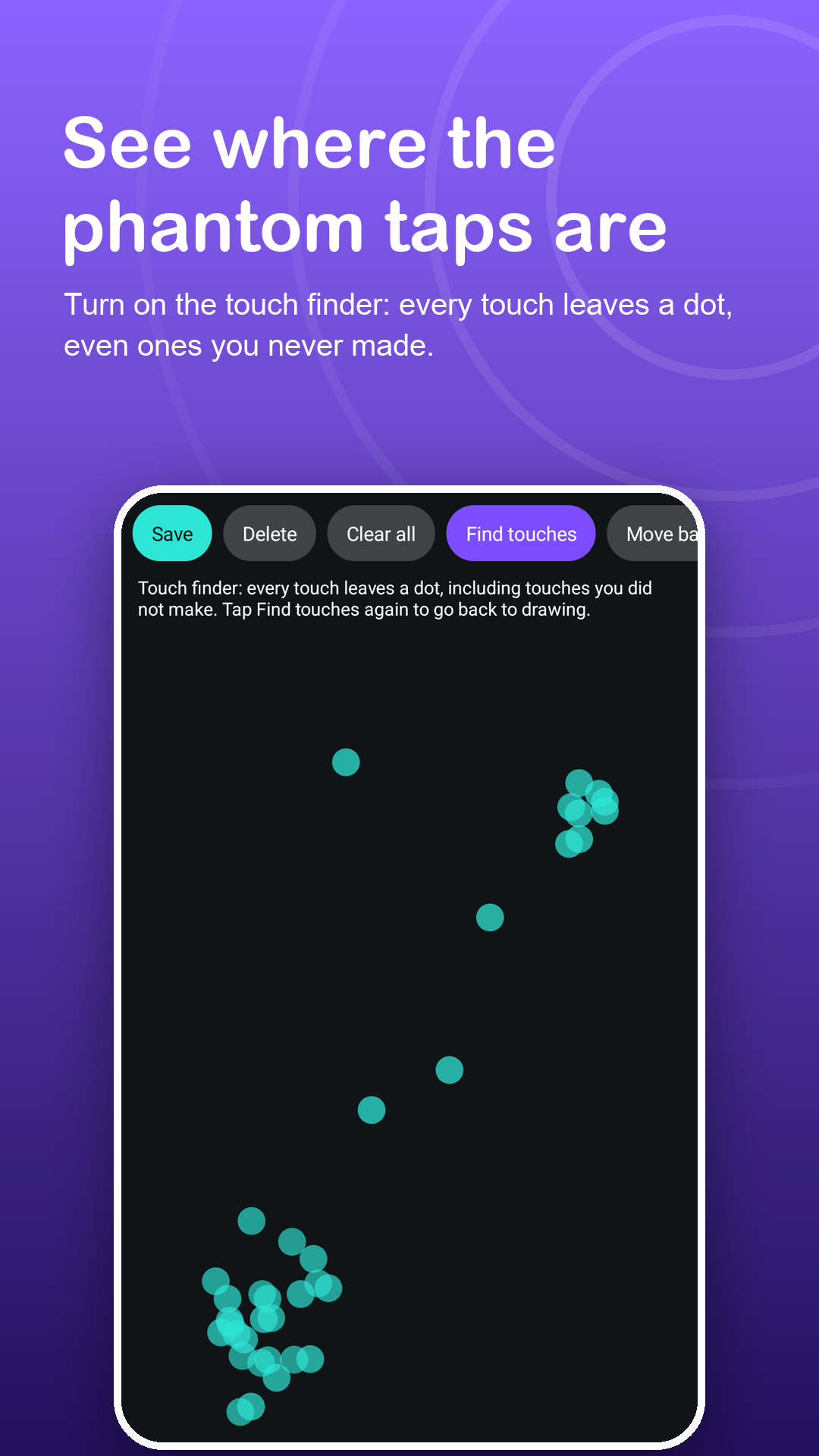 Touch finder with clusters of phantom touch dots